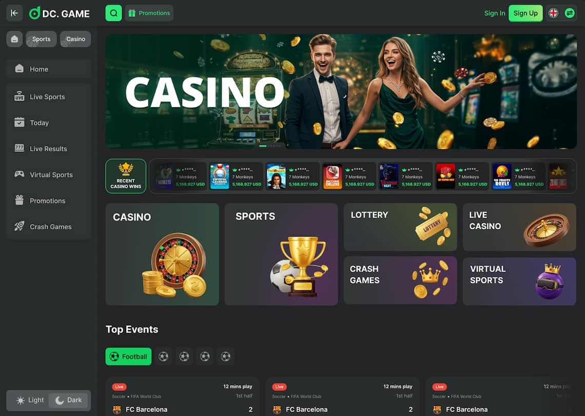 sample casino website with green and gray theme